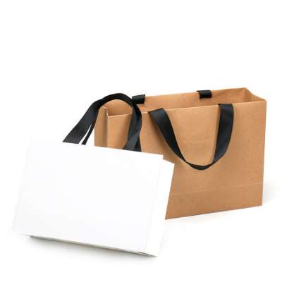 Factory wholesale cheap printing custom logo kraft paper bag with ribbon Handle